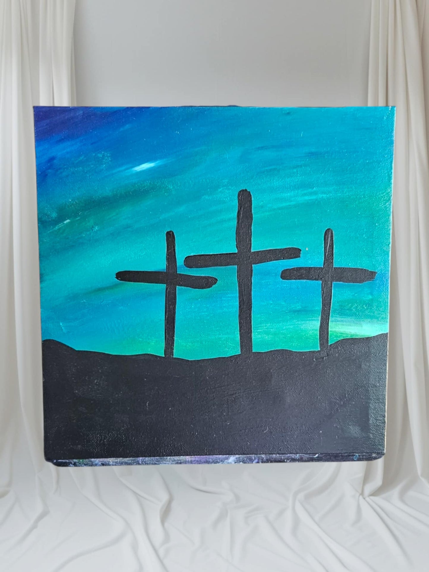 Blue/Teal 3 Crosses - Stretched Canvas