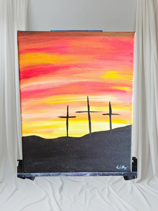 Red Sunset 3 Crosses - Stretched Canvas