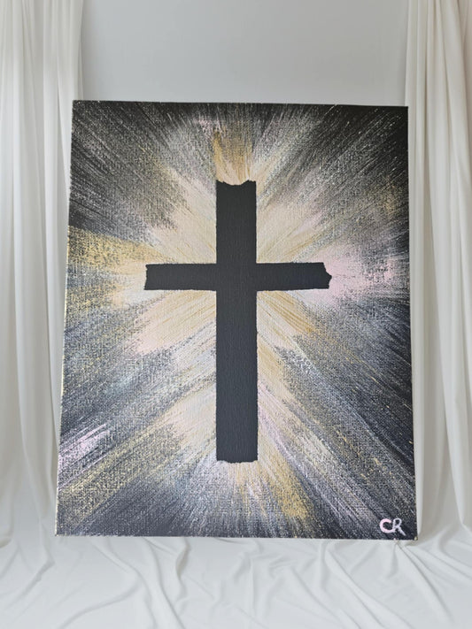 Pink/White/Gold Cross - Stretched Canvas